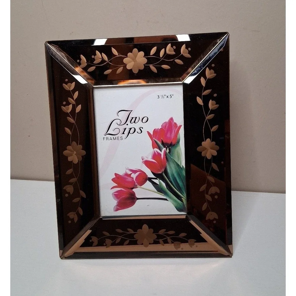 Two Lips Frames Beveled Mirrored Glass Picture Frame 3.5 x 5 Floral Etched Bronz